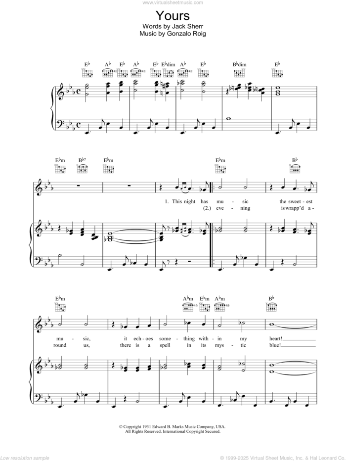 Yours (Cuando Se Quiere De Veras) sheet music for voice, piano or guitar by Gonzalo Roig, Albert Gamse and Jack Sherr, intermediate skill level