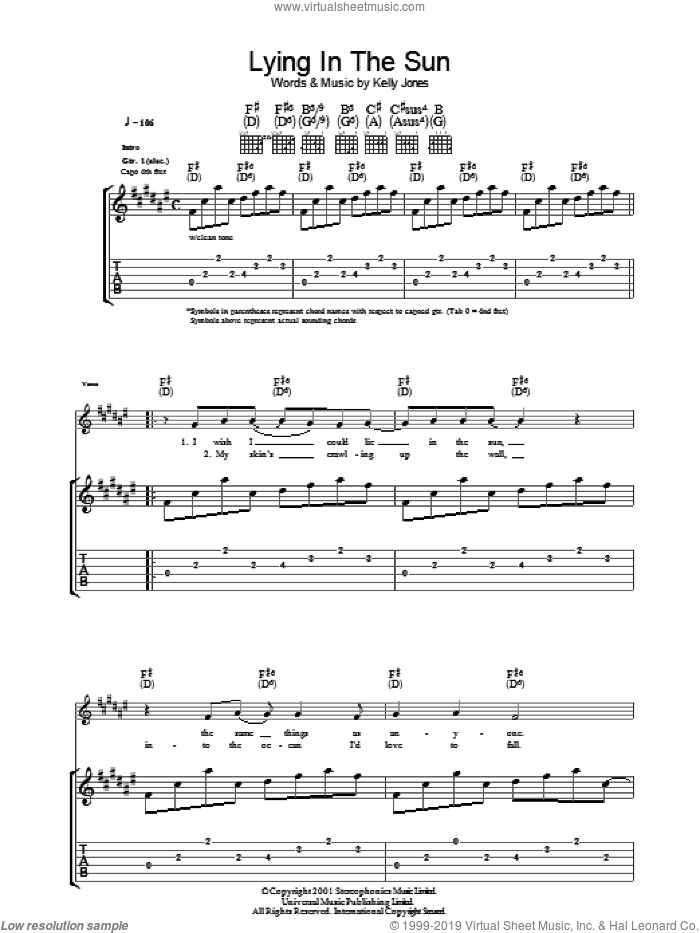 Lying In The Sun sheet music for guitar (tablature) by Stereophonics and Kelly Jones, intermediate skill level
