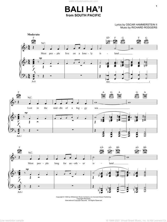 Bali Ha'i sheet music for voice, piano or guitar by Rodgers & Hammerstein, South Pacific (Musical), Oscar II Hammerstein and Richard Rodgers, intermediate skill level