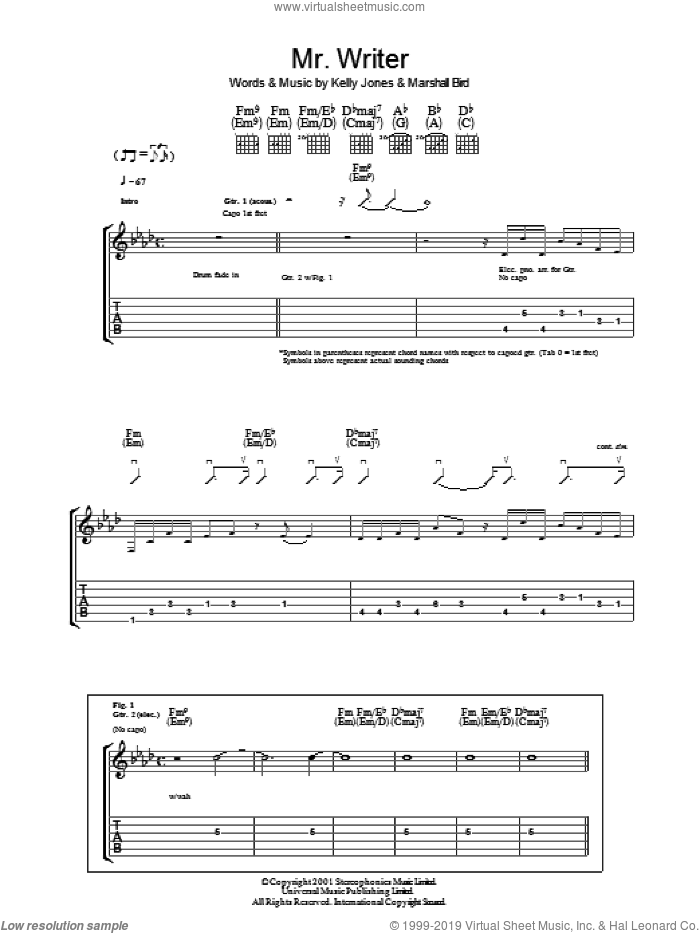 Mr. Writer sheet music for guitar (tablature) by Stereophonics, Kelly Jones and Marshall Bird, intermediate skill level