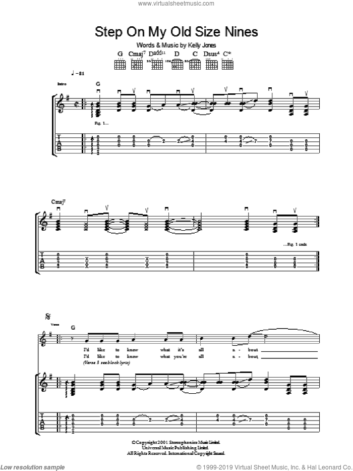 Step On My Old Size Nines sheet music for guitar (tablature) by Stereophonics and Kelly Jones, intermediate skill level