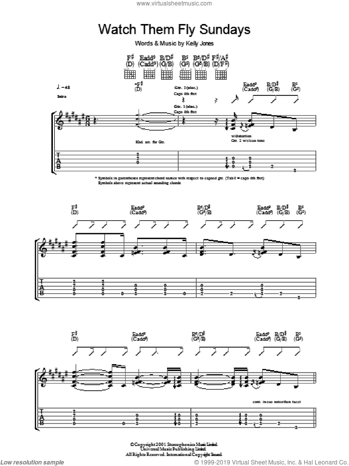 Watch Them Fly Sundays sheet music for guitar (tablature) by Stereophonics and Kelly Jones, intermediate skill level