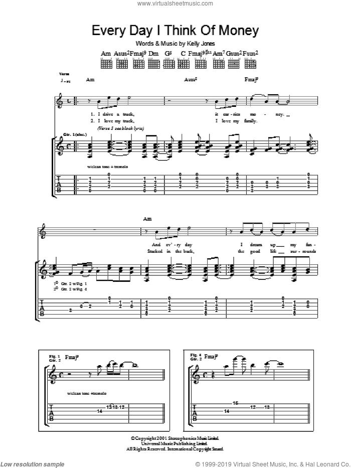 Everyday I Think Of Money sheet music for guitar (tablature) by Stereophonics and Kelly Jones, intermediate skill level
