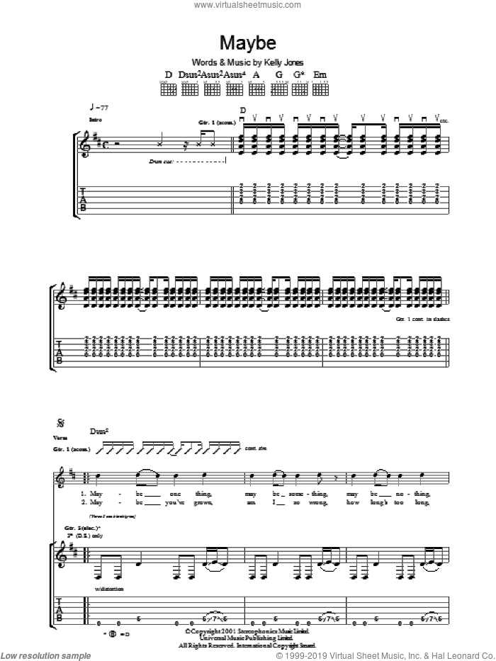 Maybe sheet music for guitar (tablature) by Stereophonics and Kelly Jones, intermediate skill level