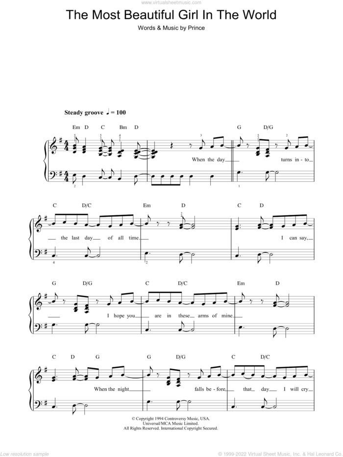 The Most Beautiful Girl In The World sheet music for piano solo by Prince, easy skill level