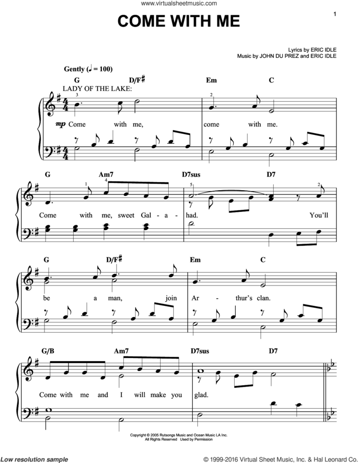 Come With Me (from Monty Python's Spamalot) sheet music for piano solo by Eric Idle and John Du Prez, easy skill level