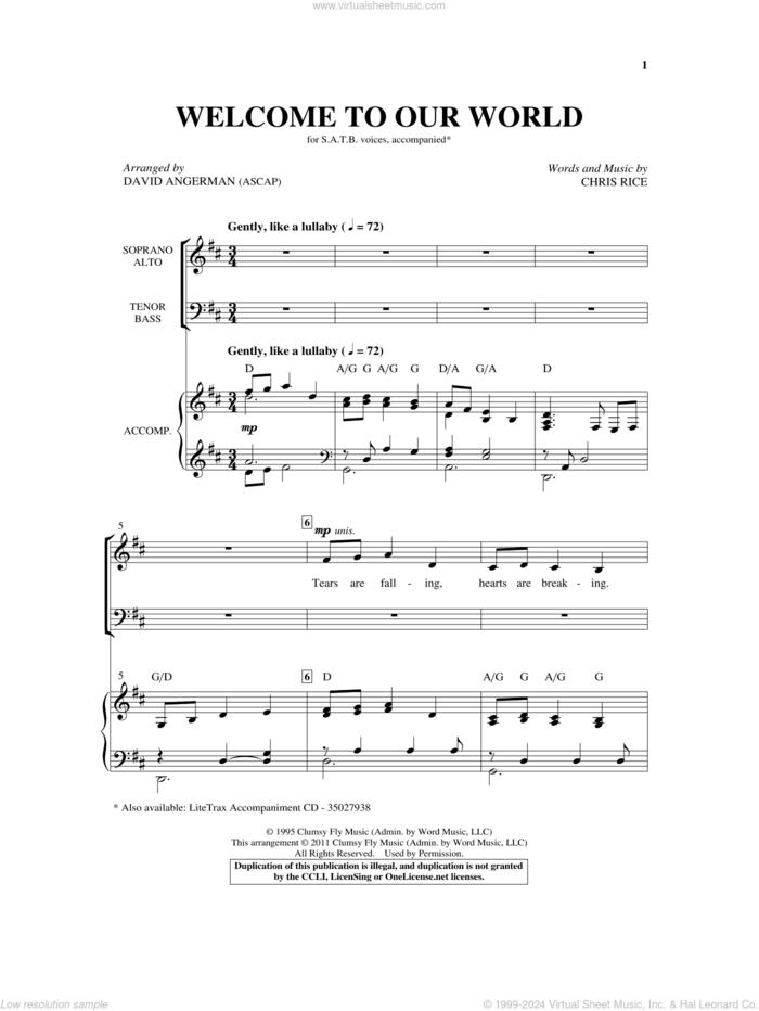 Welcome To Our World sheet music for choir (SATB: soprano, alto, tenor, bass) by David Angerman and Chris Rice, intermediate skill level