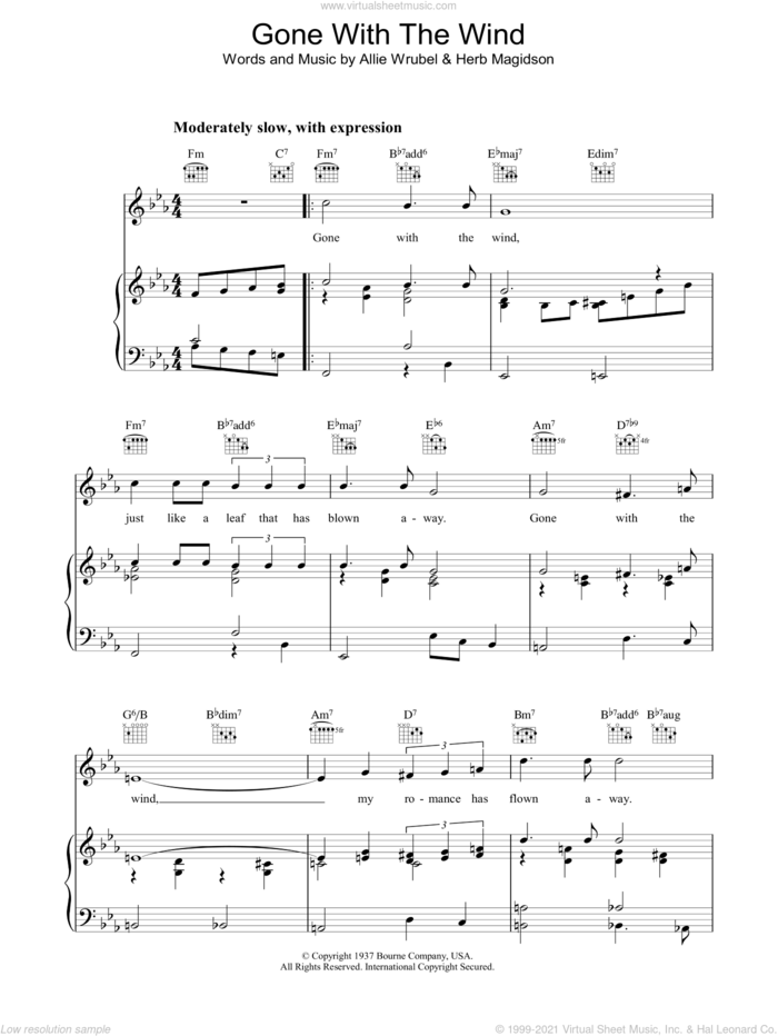 Gone With The Wind sheet music for voice, piano or guitar by Allie Wrubel and Herb Magidson, intermediate skill level