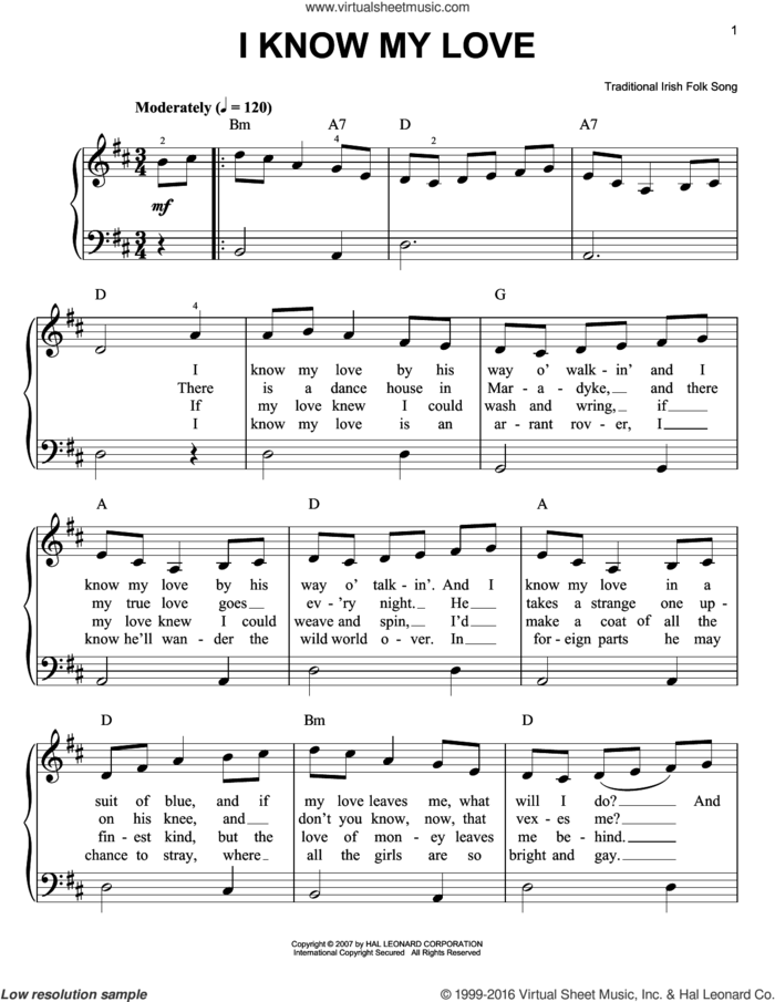 I Know My Love sheet music for piano solo, easy skill level