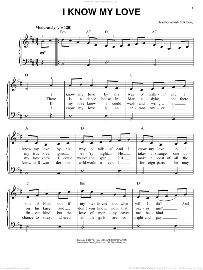 I Know My Love sheet music for piano solo, easy skill level