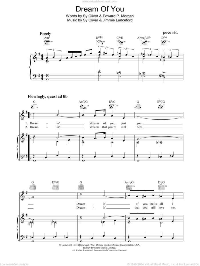 Dream Of You sheet music for voice, piano or guitar by Sy Oliver, intermediate skill level