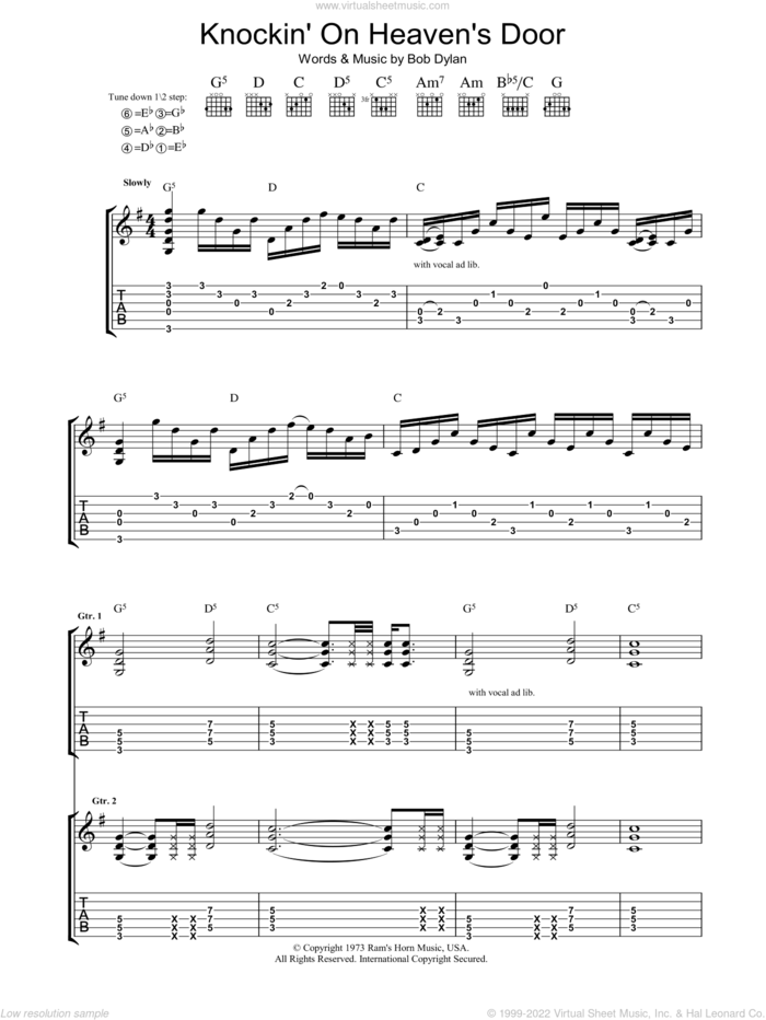 Knockin' On Heaven's Door sheet music for guitar (tablature) by Guns N' Roses, Eric Clapton and Bob Dylan, intermediate skill level