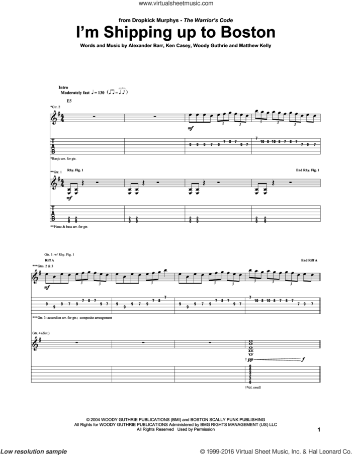 I'm Shipping Up To Boston sheet music for guitar (tablature) by Dropkick Murphys, Alexander Barr, Ken Casey, Matthew Kelly and Woody Guthrie, intermediate skill level