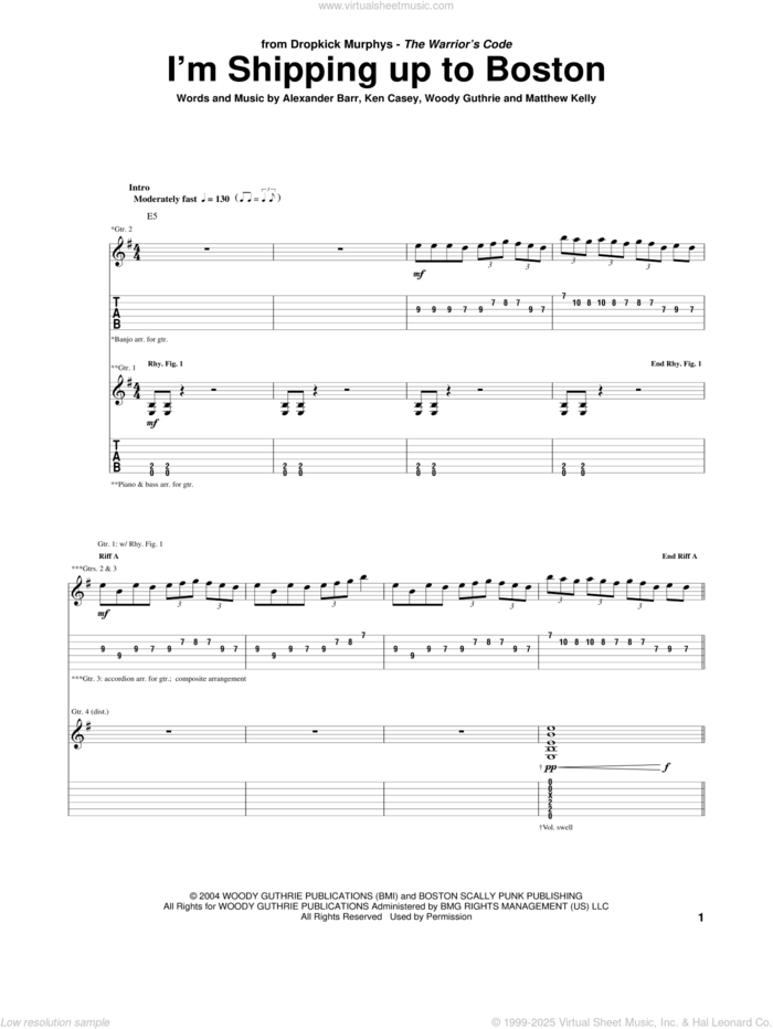 I'm Shipping Up To Boston sheet music for guitar (tablature) by Dropkick Murphys, Alexander Barr, Ken Casey, Matthew Kelly and Woody Guthrie, intermediate skill level