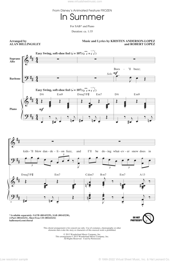 In Summer (from Frozen) (arr. Alan Billingsley) sheet music for choir (SAB: soprano, alto, bass) by Josh Gad, Alan Billingsley, Kristen Anderson-Lopez and Robert Lopez, intermediate skill level