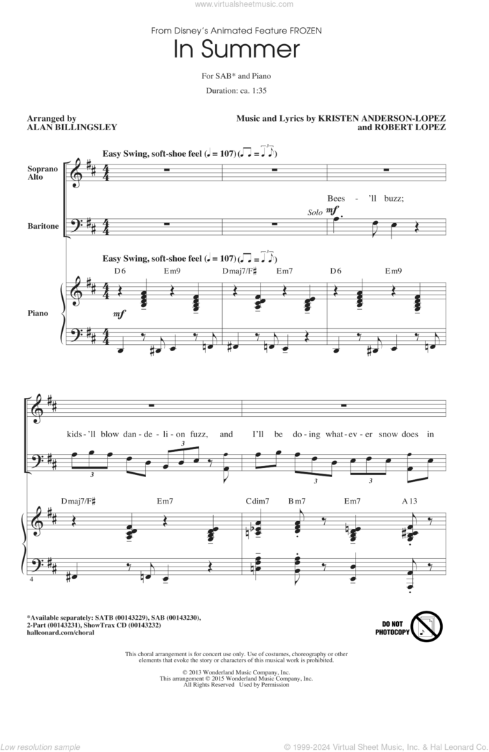 In Summer (from Frozen) (arr. Alan Billingsley) sheet music for choir (SAB: soprano, alto, bass) by Josh Gad, Alan Billingsley, Kristen Anderson-Lopez and Robert Lopez, intermediate skill level