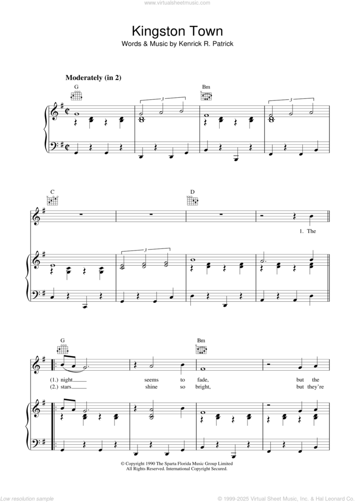 Kingston Town sheet music for voice, piano or guitar by UB40 and Kenrick R. Patrick, intermediate skill level