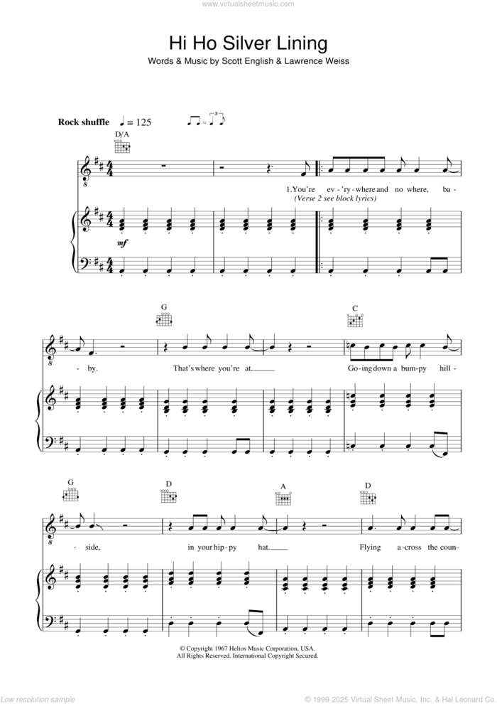 Hi Ho Silver Lining sheet music for voice, piano or guitar by Jeff Beck, Lawrence Weiss and Scott English, intermediate skill level