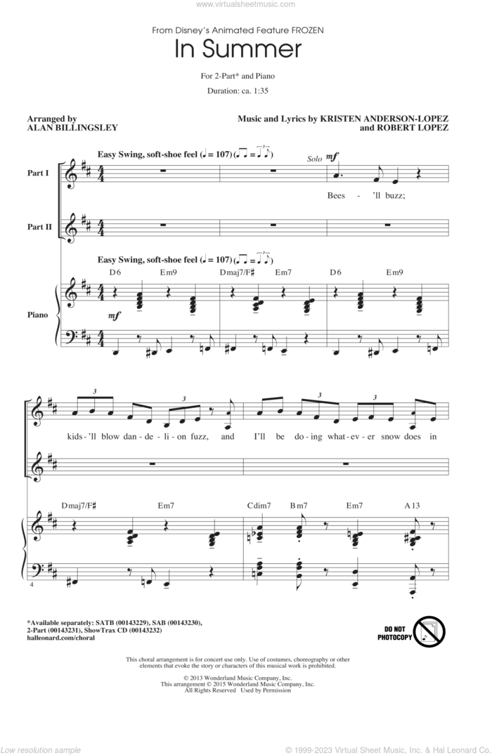 In Summer (from Frozen) (arr. Alan Billingsley) sheet music for choir (2-Part) by Josh Gad, Alan Billingsley, Kristen Anderson-Lopez and Robert Lopez, intermediate duet