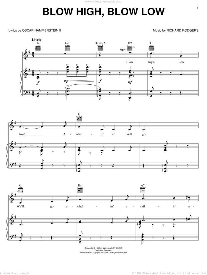 Blow High, Blow Low sheet music for voice, piano or guitar by Rodgers & Hammerstein, Carousel (Musical), Oscar II Hammerstein and Richard Rodgers, intermediate skill level