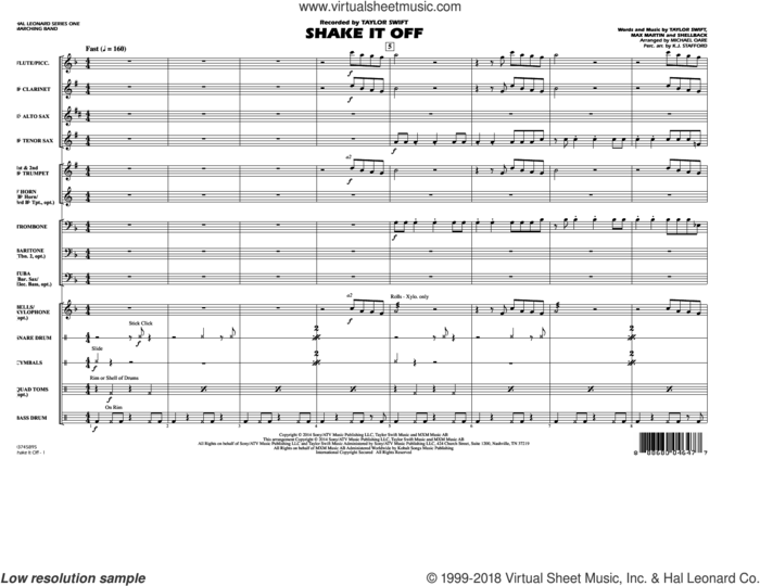 Shake It Off (COMPLETE) sheet music for marching band by Taylor Swift, Johan Schuster, Max Martin, Michael Oare and Shellback, intermediate skill level