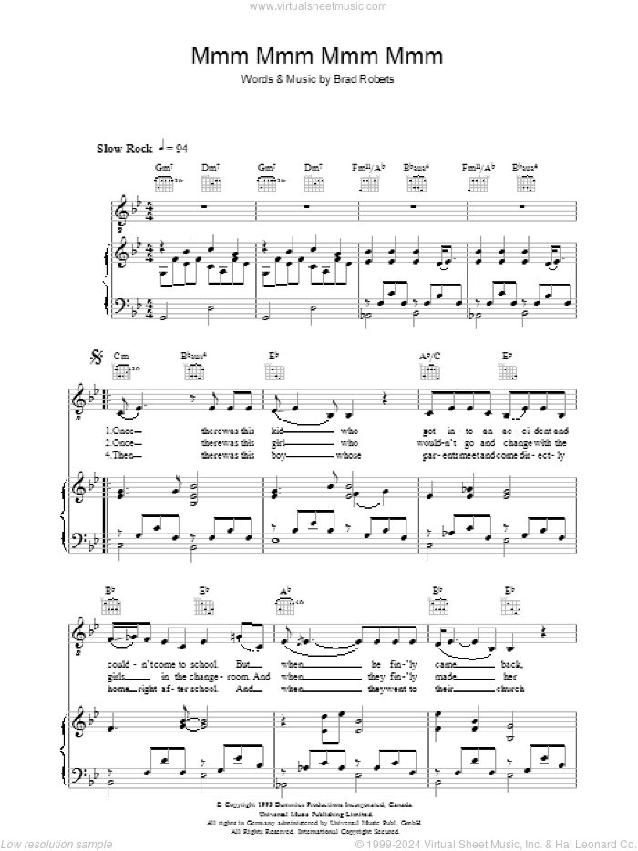 Mmm Mmm Mmm Mmm sheet music for voice, piano or guitar by Crash Test Dummies and Brad Roberts, intermediate skill level