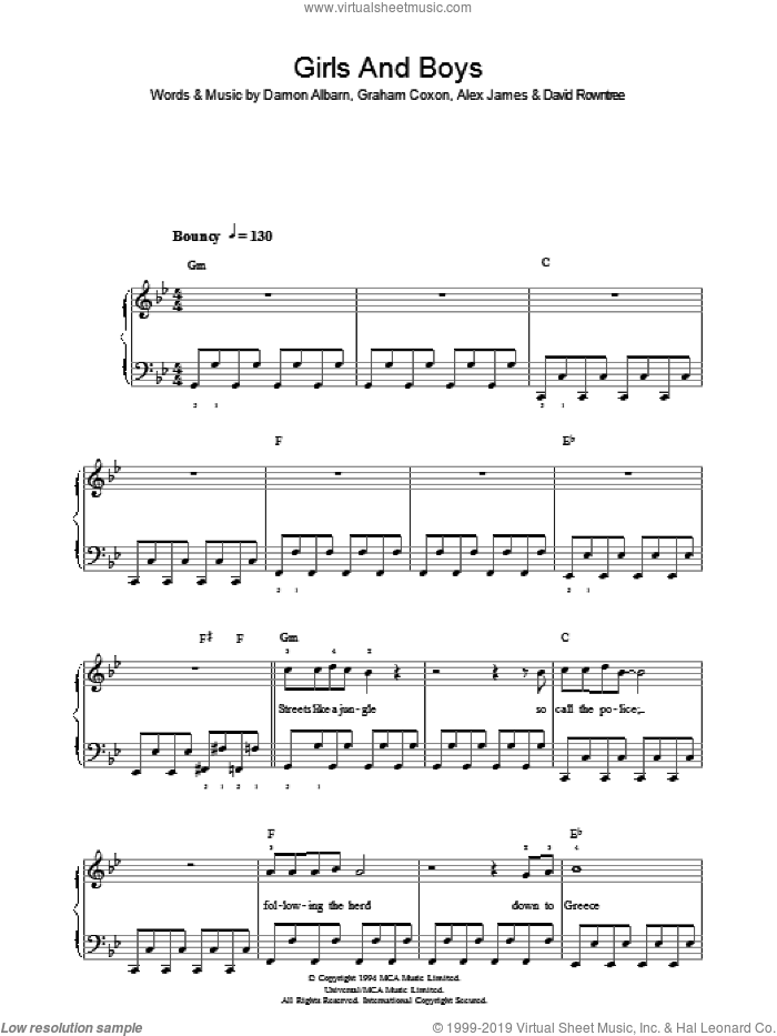 Girls And Boys sheet music for piano solo by Blur, Alex James, Damon Albarn, David Rowntree and Graham Coxon, easy skill level