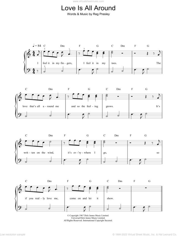 Love Is All Around sheet music for piano solo by Wet Wet Wet and Reg Presley, easy skill level