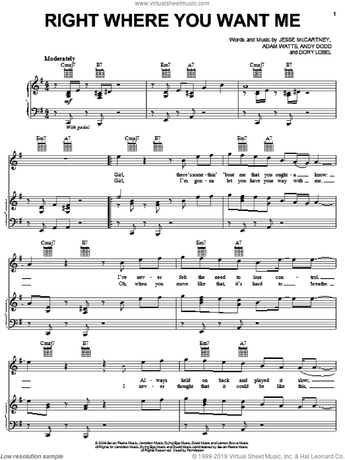 Right Where You Want Me sheet music for voice, piano or guitar by Jesse McCartney, Adam Watts, Andy Dodd and Dory Lobel, intermediate skill level