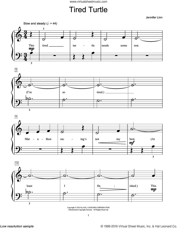 Tired Turtle sheet music for piano solo (elementary) by Jennifer Linn, beginner piano (elementary)