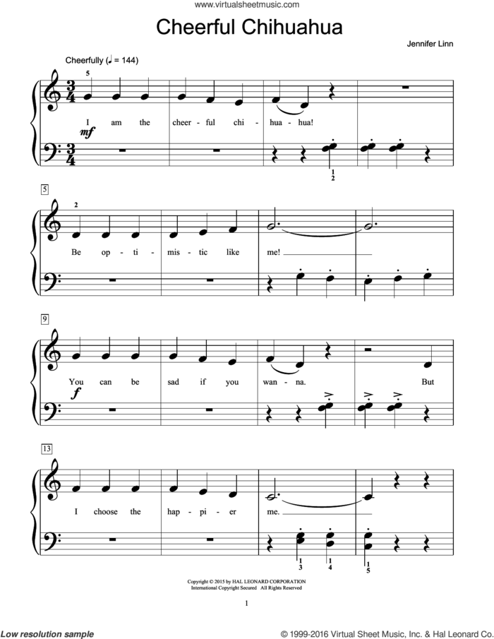 Cheerful Chihuahua sheet music for piano solo (elementary) by Jennifer Linn, beginner piano (elementary)