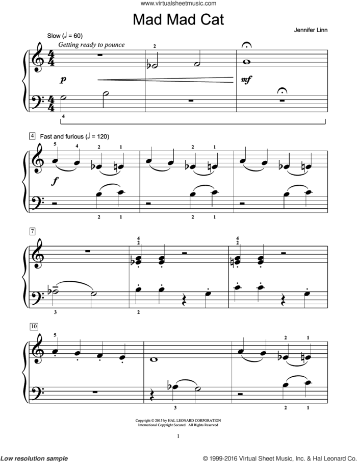 Mad Mad Cat sheet music for piano solo (elementary) by Jennifer Linn, beginner piano (elementary)
