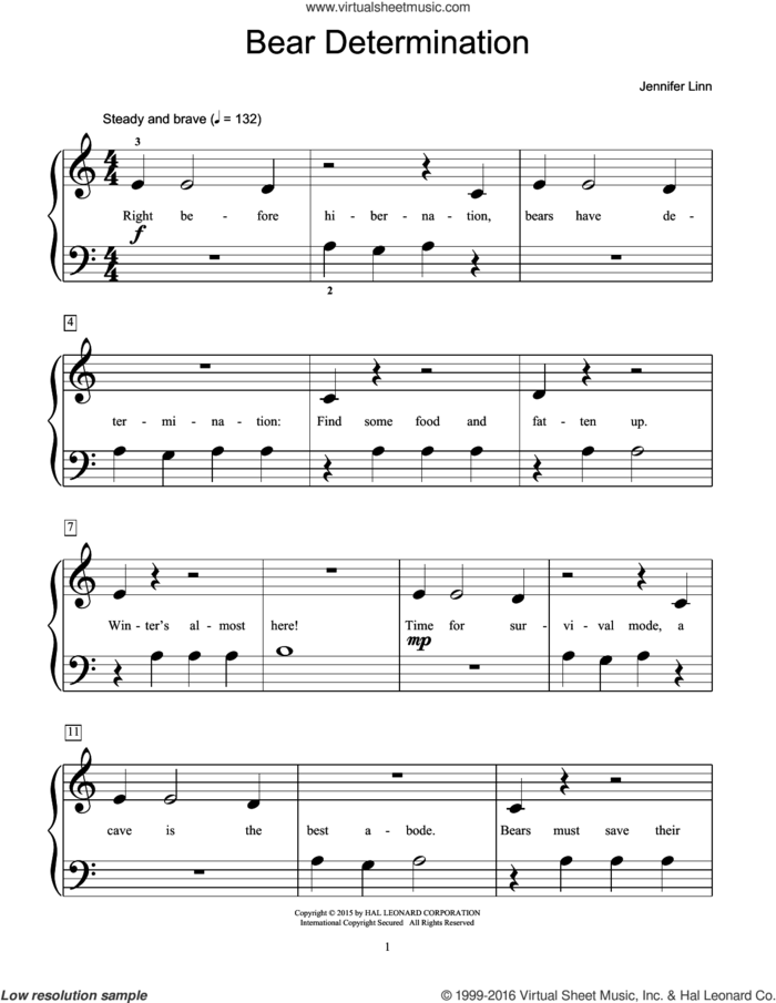 Bear Determination sheet music for piano solo (elementary) by Jennifer Linn, beginner piano (elementary)