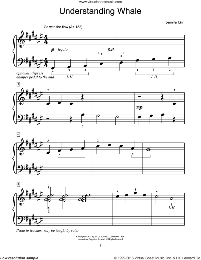 Understanding Whale sheet music for piano solo (elementary) by Jennifer Linn, beginner piano (elementary)