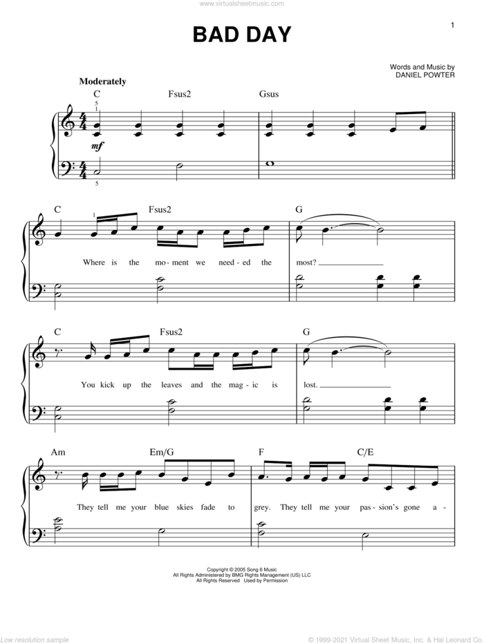 Bad Day sheet music for piano solo by Daniel Powter, easy skill level