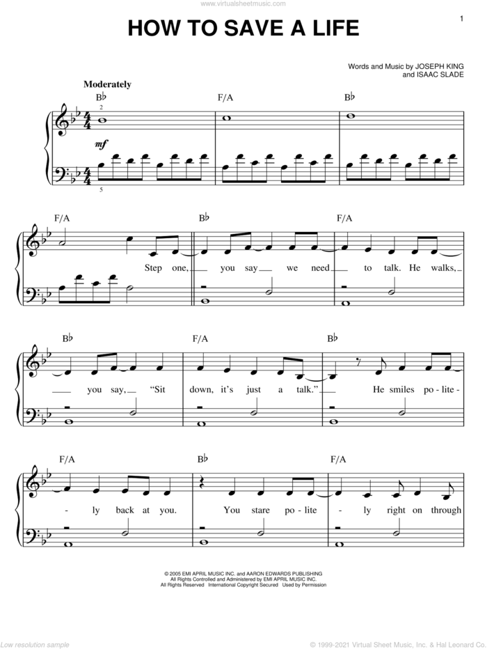 How To Save A Life, (easy) sheet music for piano solo by The Fray, Isaac Slade and Joseph King, easy skill level