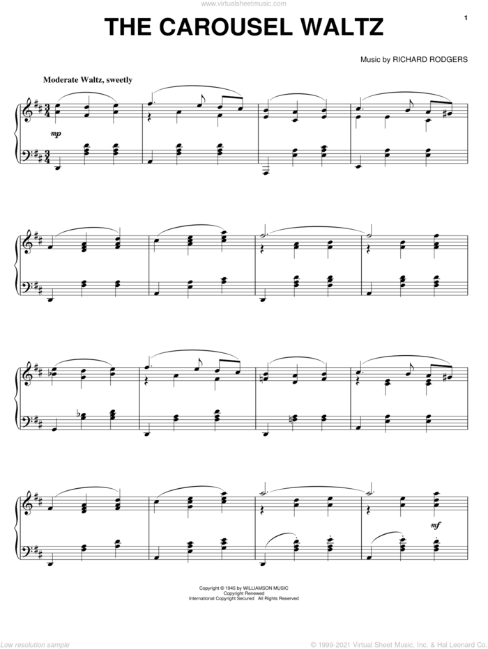 The Carousel Waltz sheet music for piano solo by Hammerstein, Rodgers &, Richard Rodgers and Rodgers & Hammerstein, intermediate skill level