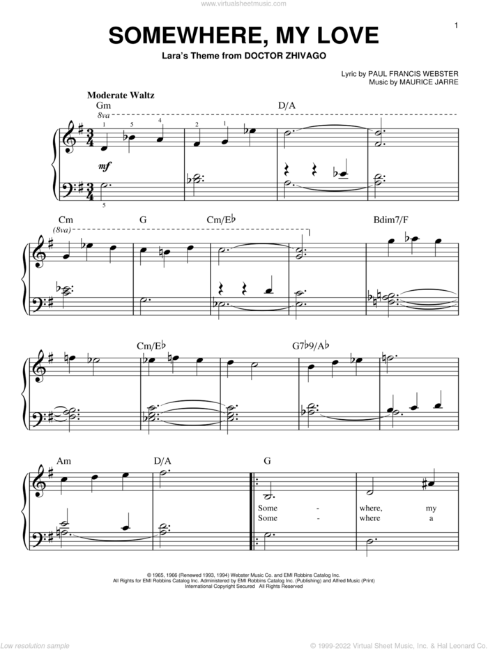 Somewhere, My Love, (beginner) sheet music for piano solo by Maurice Jarre and Paul Francis Webster, beginner skill level