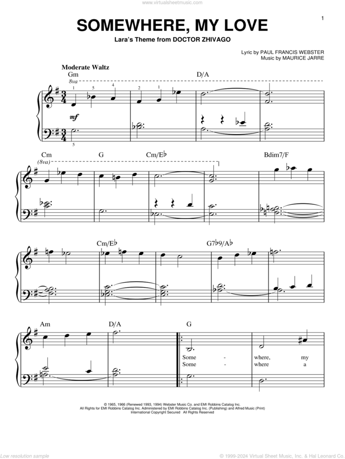 Somewhere, My Love, (beginner) sheet music for piano solo by Maurice Jarre and Paul Francis Webster, beginner skill level