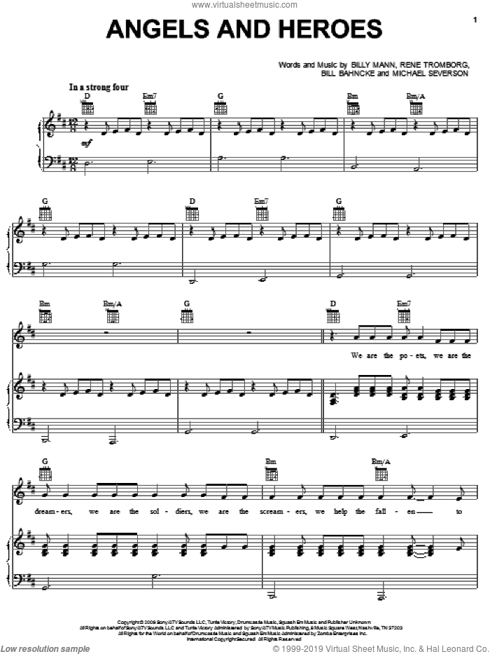 Angels And Heroes sheet music for voice, piano or guitar by Brian Littrell, Bill Bahncke, Billy Mann, Michael Severson and Rene Tromborg, intermediate skill level