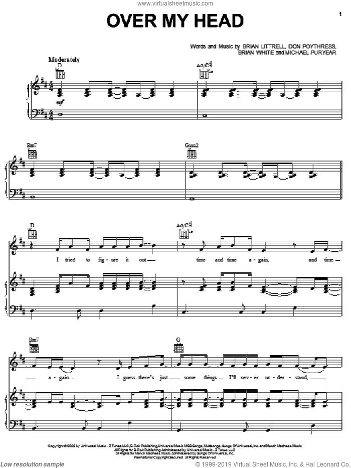 Over My Head sheet music for voice, piano or guitar by Brian Littrell, Bryan White, Don Poythress and Michael Puryear, intermediate skill level