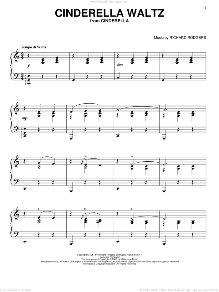 Cinderella Waltz (from Cinderella) sheet music for piano solo by Hammerstein, Rodgers &, Cinderella (Musical) and Richard Rodgers, intermediate skill level