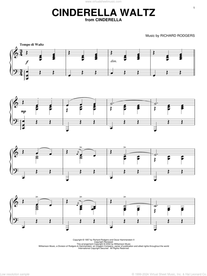 Cinderella Waltz (from Cinderella) sheet music for piano solo by Hammerstein, Rodgers &, Cinderella (Musical), Rodgers and Hammerstein and Richard Rodgers, intermediate skill level