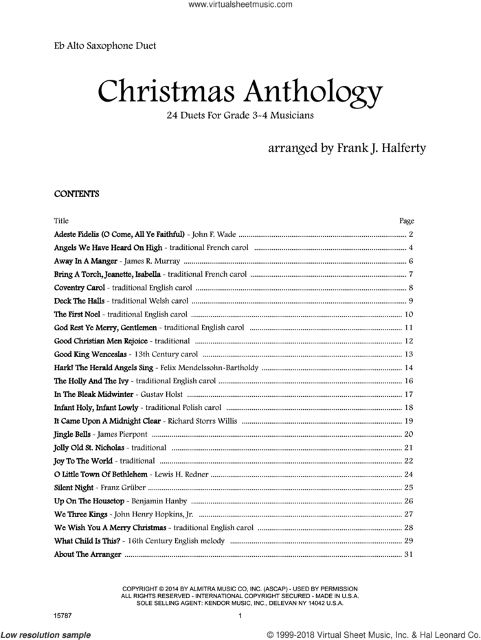 Christmas Anthology (24 Duets For Grade 3-4 Musicians) sheet music for two alto saxophones by Frank J. Halferty, intermediate duet