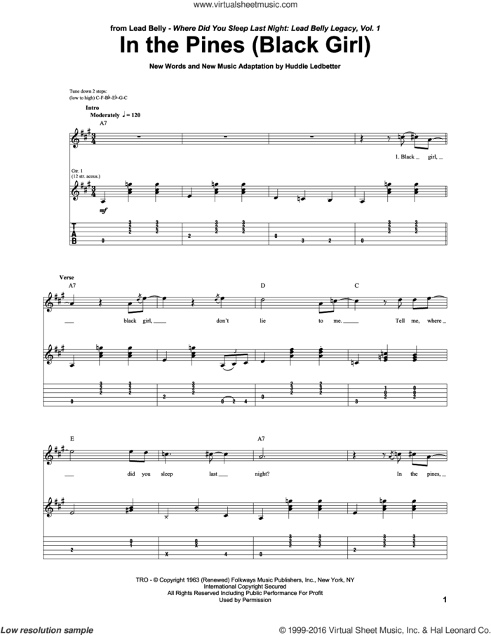 In The Pines (Black Girl) sheet music for guitar (tablature) by Huddie Ledbetter, intermediate skill level
