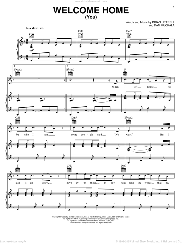 Welcome Home (You) sheet music for voice, piano or guitar by Brian Littrell, Brian Litrell and Dan Muckala, intermediate skill level