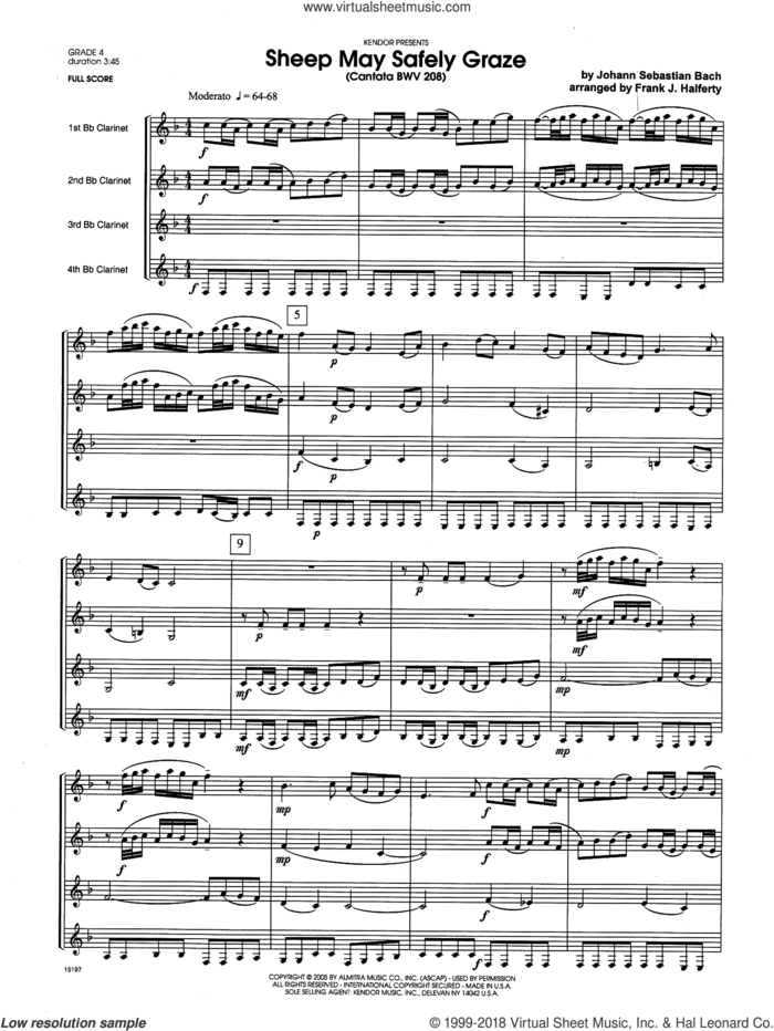 Sheep May Safely Graze (Cantata BWV 208) (COMPLETE) sheet music for four clarinets by Johann Sebastian Bach and Frank J. Halferty, classical score, intermediate skill level