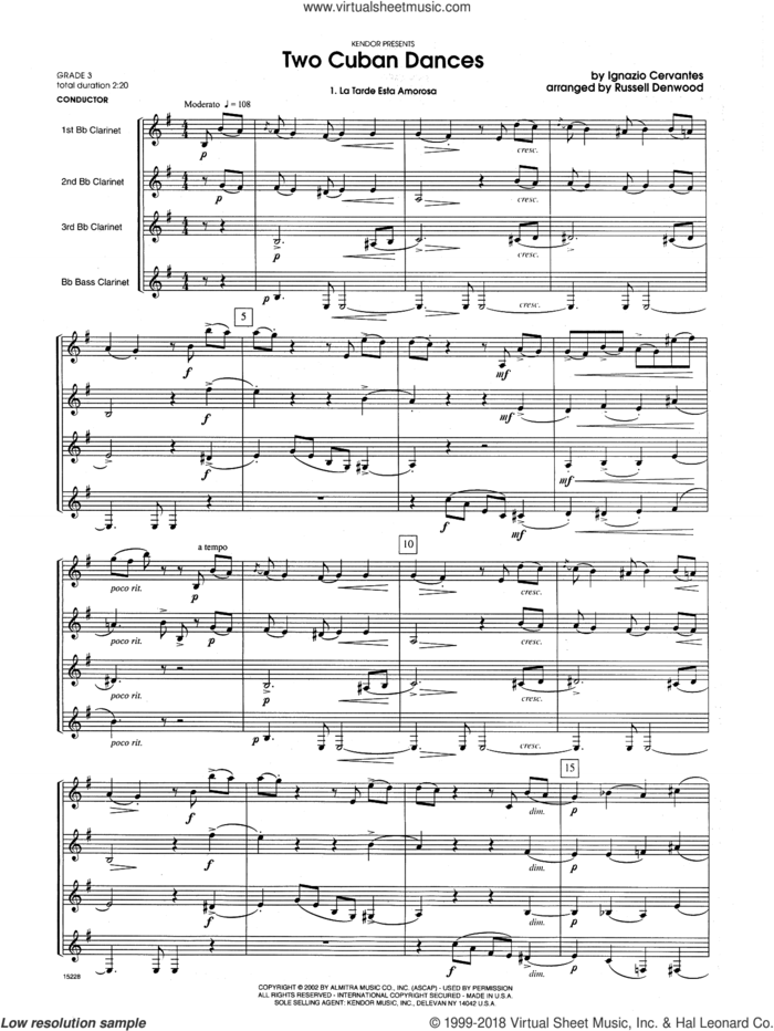 Two Cuban Dances (COMPLETE) sheet music for clarinet quartet by Russell Denwood and Cervantes, intermediate skill level