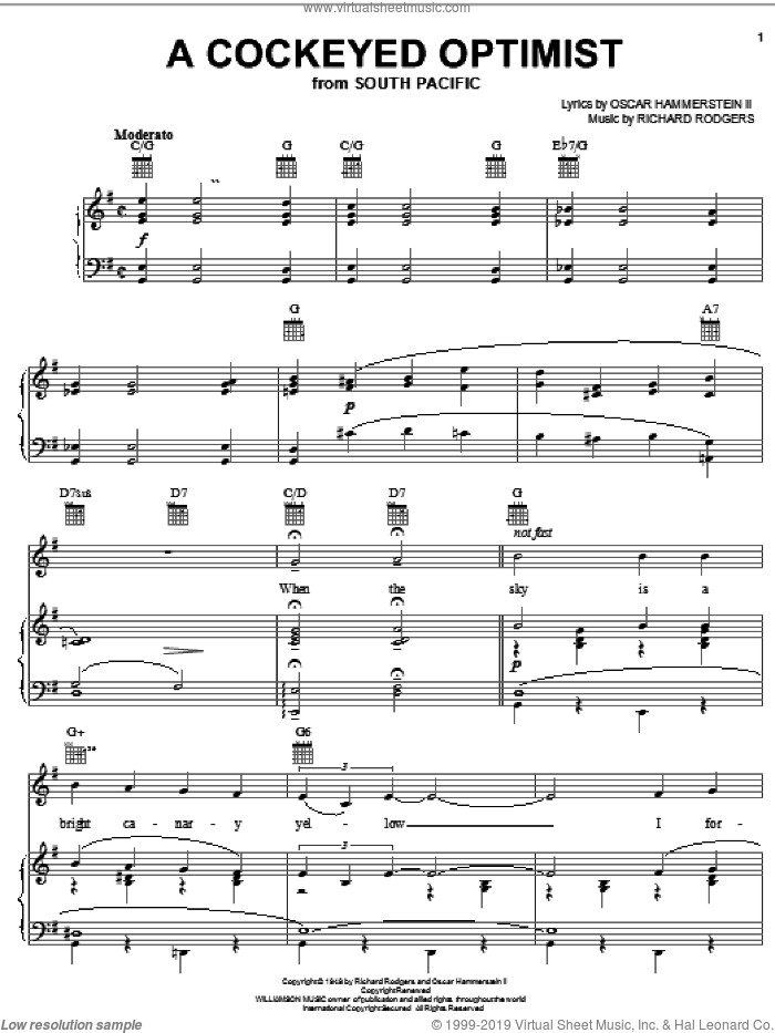 A Cockeyed Optimist sheet music for voice, piano or guitar by Rodgers & Hammerstein, South Pacific (Musical), Oscar II Hammerstein and Richard Rodgers, intermediate skill level