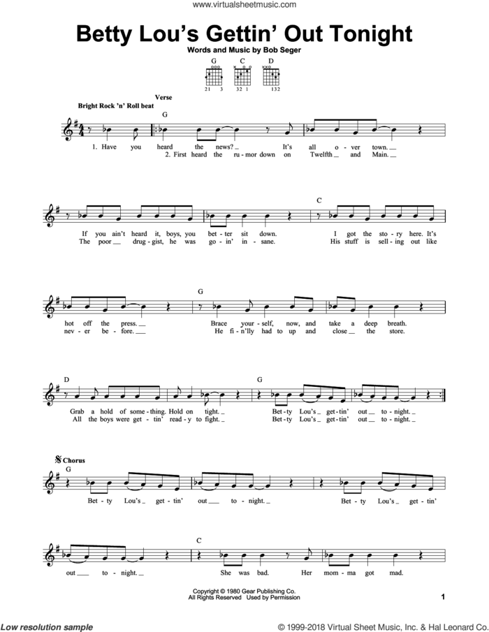 Betty Lou's Gettin' Out Tonight sheet music for guitar solo (chords) by Bob Seger, easy guitar (chords)